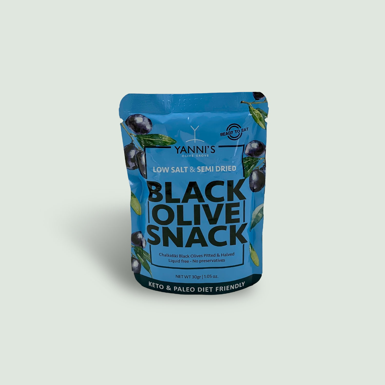 yanni's Healthy Black Olive Snack Healthy Black Olive Snack 30gr a keto and paleo diet friendly snack from Greece with no preservatives or sugar added and low salt content .