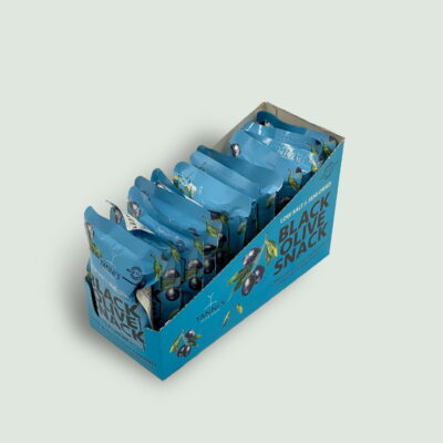 18x30gr Healthy Black & Green Olive Snack Pack , a customizable pack with fermented olives in vacuum ready to take with you on the go .