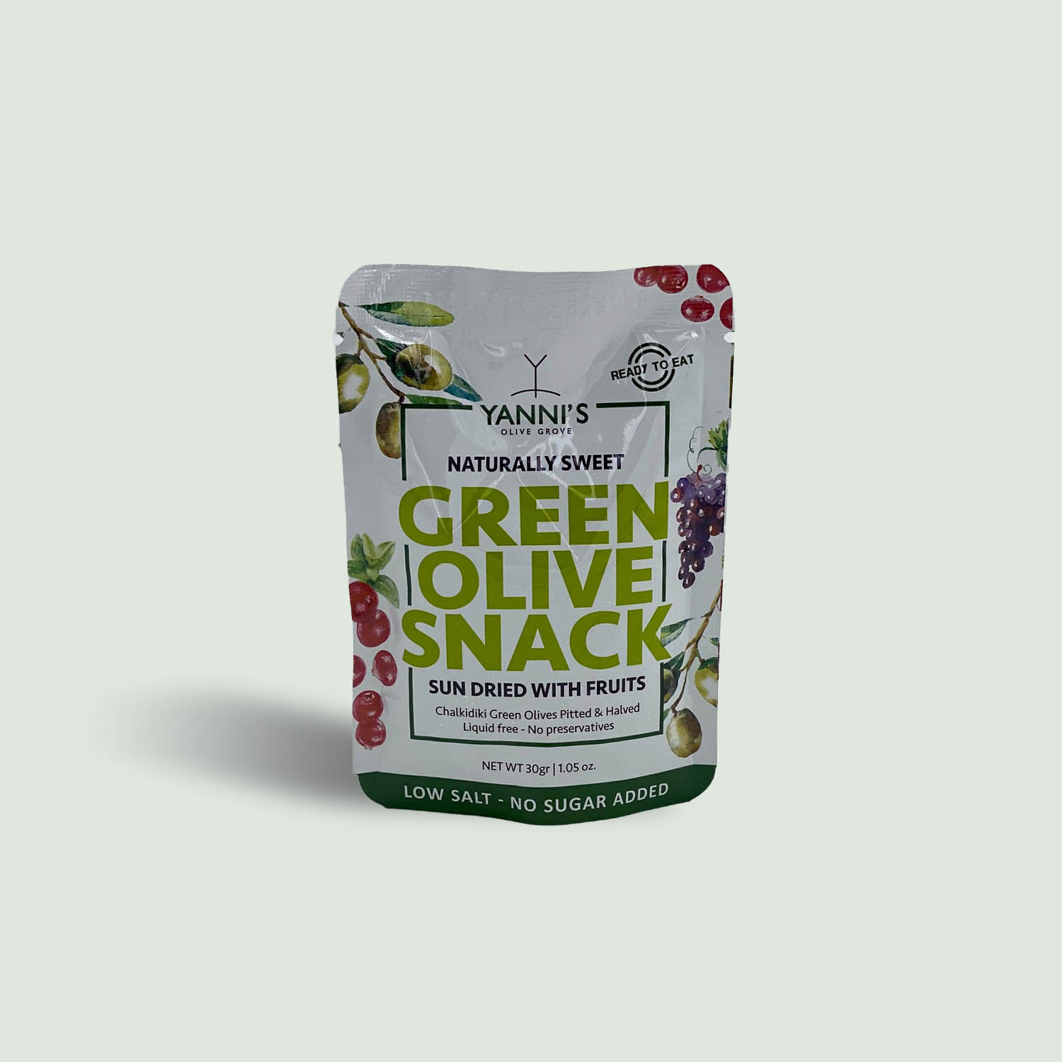 Yanni's Green Olive Sack Witrh Fruits Enjoy Yanni's Black Olive Snack with Fruits. Keto & Paleo friendly, low salt, no preservatives. A delicious and healthy 30g snack for on-the-go.